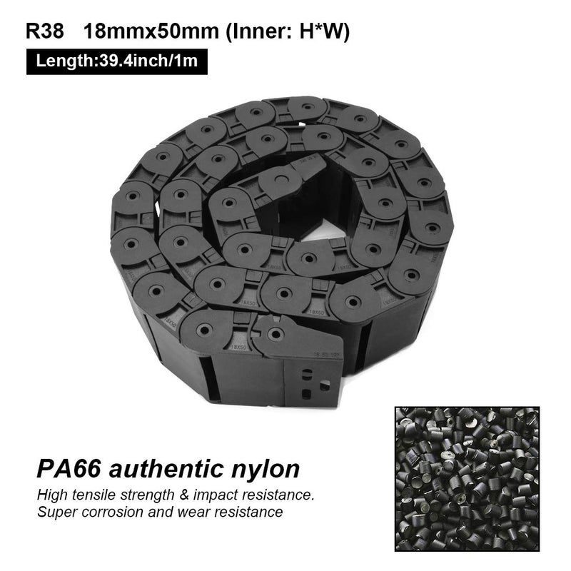 LMioEtool Pack of 2, R38 18mm x 50mm(Inner H x Inner W) Black Plastic Cable Wire Carrier Drag Chain 1M Length for CNC, with End Connectors - Semi Enclosed Type (Inner Side openable) - Image 2